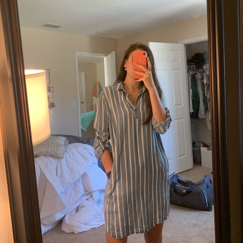 blue and white stripped dress